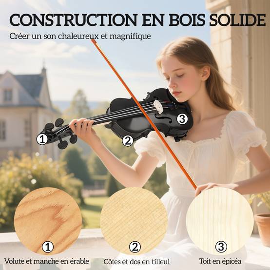 Violon 4/4 Ensemble de Violon en Bois Massif pour Adultes et Débutants avec Étui Léger et Portable 60 x 21 cm Noir - Image 7