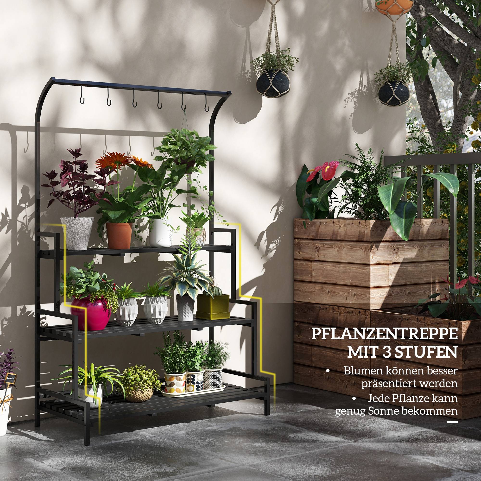 Porte-plantes acier bois 3 niveaux 6 crochets intérieur extérieur 110x50x170cm noir - ComfortXL Outdoor Living - Image 6