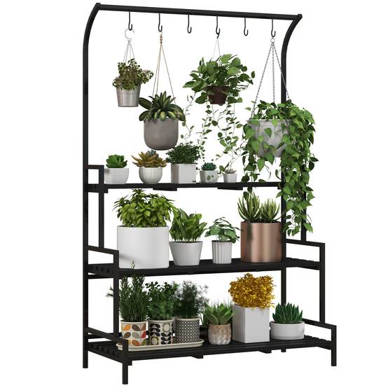 Porte-plantes acier bois 3 niveaux 6 crochets intérieur extérieur 110x50x170cm noir - ComfortXL Outdoor Living - Image 1