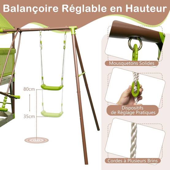 COSTWAY 7 en 1 Aire de Jeux Portique en Bois avec Toboggan & Balançoire Réglable, Tour d'escalade avec Cabane Couverte & Échelle & Bac à Sable - Image 2