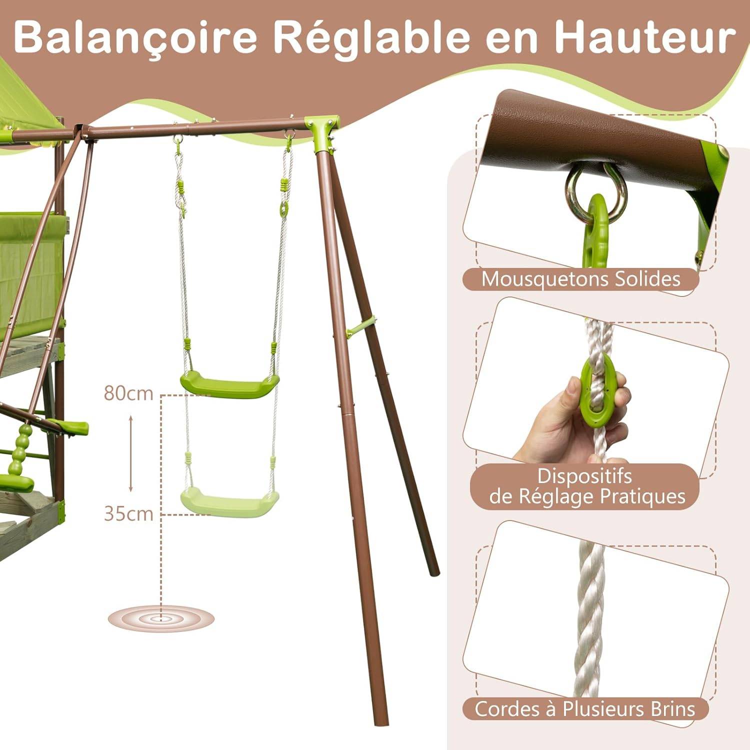 COSTWAY 7 en 1 Aire de Jeux Portique en Bois avec Toboggan & Balançoire Réglable, Tour d'escalade avec Cabane Couverte & Échelle & Bac à Sable - Image 2