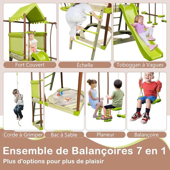 COSTWAY 7 en 1 Aire de Jeux Portique en Bois avec Toboggan & Balançoire Réglable, Tour d'escalade avec Cabane Couverte & Échelle & Bac à Sable - Image 1