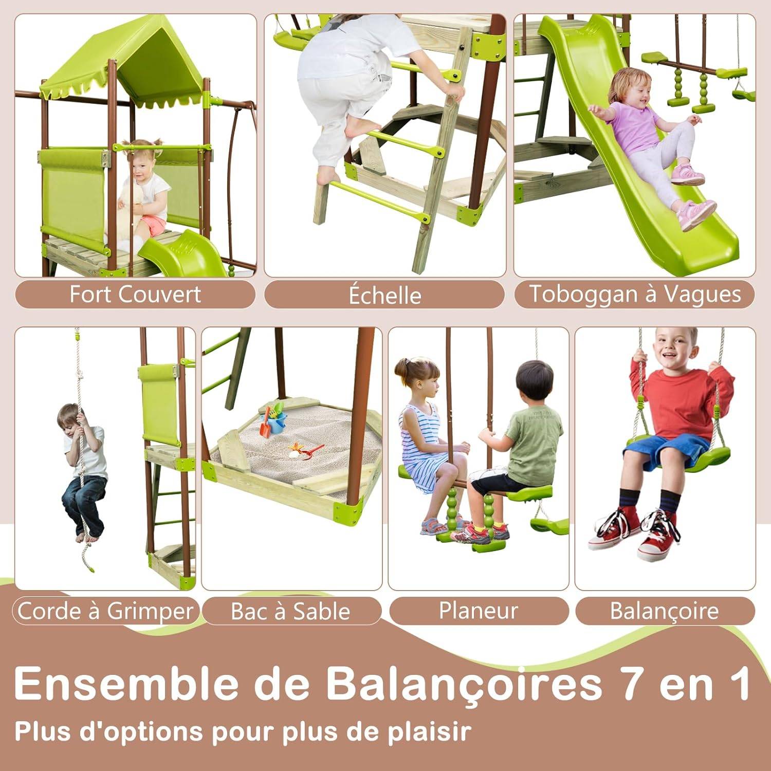 COSTWAY 7 en 1 Aire de Jeux Portique en Bois avec Toboggan & Balançoire Réglable, Tour d'escalade avec Cabane Couverte & Échelle & Bac à Sable - Image 1