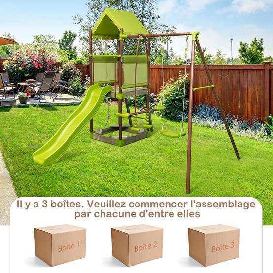 COSTWAY 7 en 1 Aire de Jeux Portique en Bois avec Toboggan & Balançoire Réglable, Tour d'escalade avec Cabane Couverte & Échelle & Bac à Sable - Image 6
