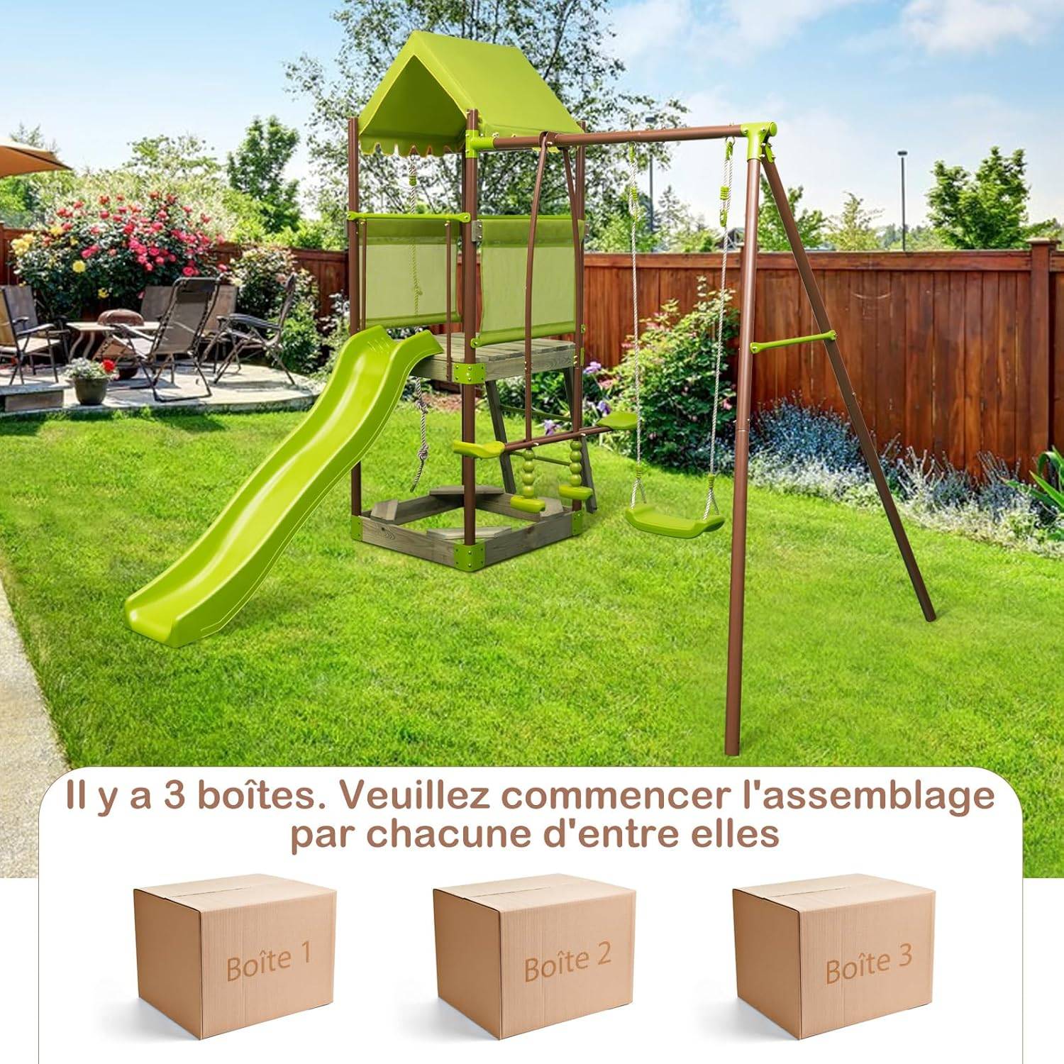 COSTWAY 7 en 1 Aire de Jeux Portique en Bois avec Toboggan & Balançoire Réglable, Tour d'escalade avec Cabane Couverte & Échelle & Bac à Sable - Image 6