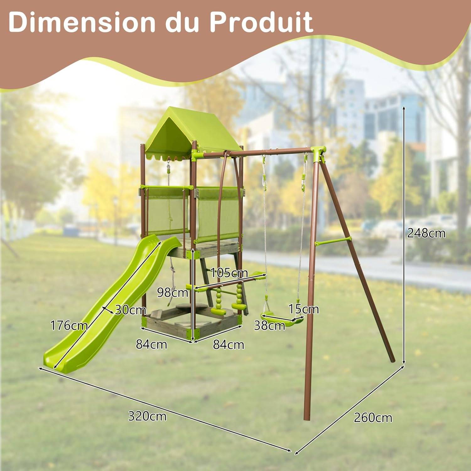 COSTWAY 7 en 1 Aire de Jeux Portique en Bois avec Toboggan & Balançoire Réglable, Tour d'escalade avec Cabane Couverte & Échelle & Bac à Sable - Image 4
