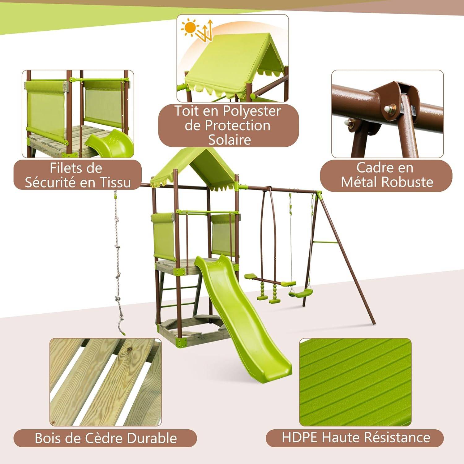 COSTWAY 7 en 1 Aire de Jeux Portique en Bois avec Toboggan & Balançoire Réglable, Tour d'escalade avec Cabane Couverte & Échelle & Bac à Sable - Image 7