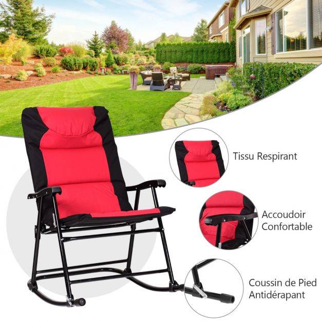 Helloshop26 - Salon de jardin 2 personnes ensemble de jardin 3 pcs avec 2 chaises rembourrés à bascule et table en verre pliables rouge - Imagen 2