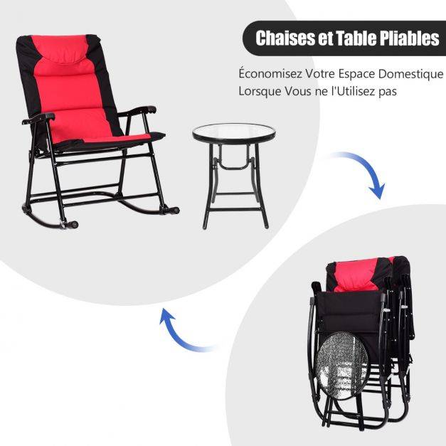 Helloshop26 - Salon de jardin 2 personnes ensemble de jardin 3 pcs avec 2 chaises rembourrés à bascule et table en verre pliables rouge - Imagen 4