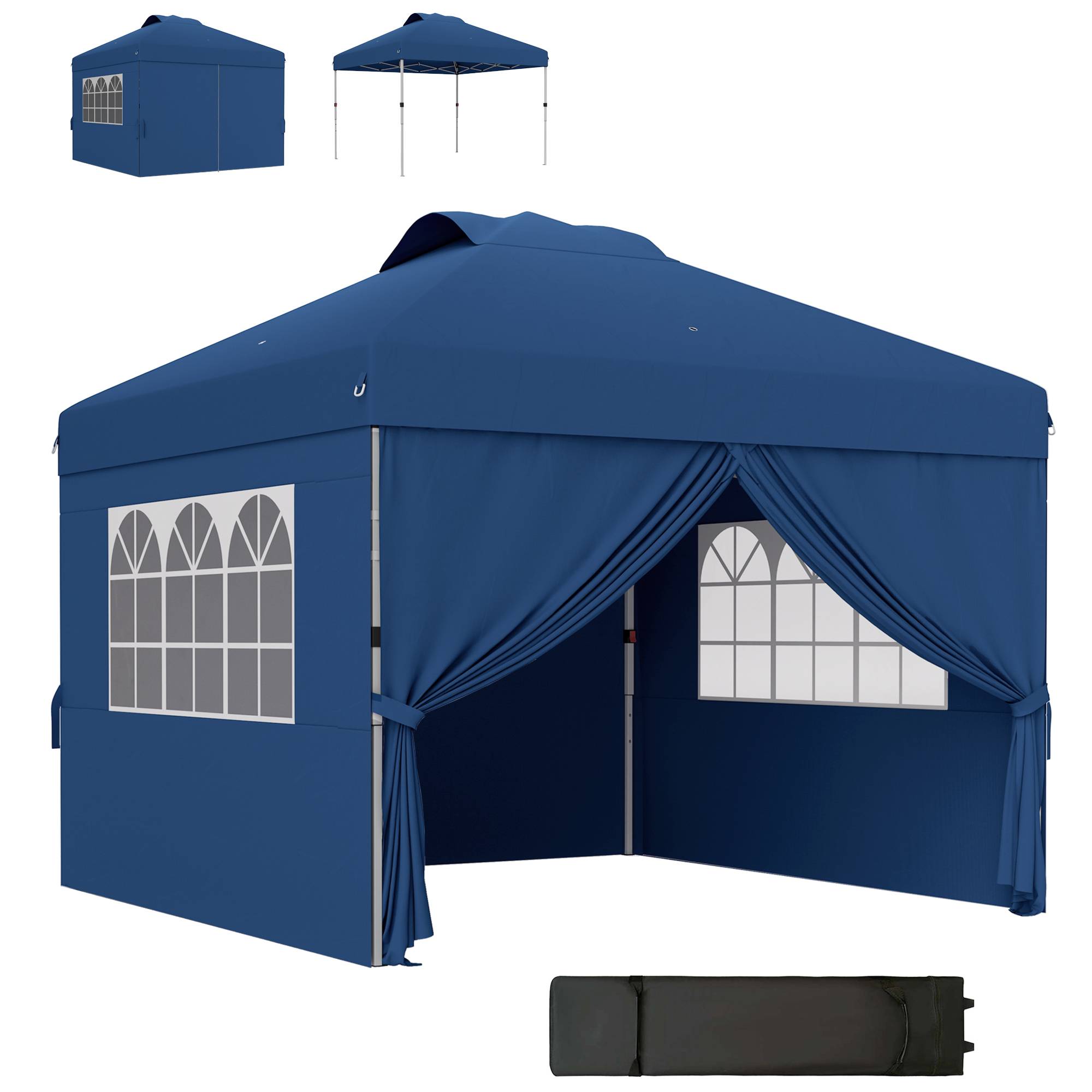 Outsunny - Tonnelle de jardin pliante pop-up 3x3m h. réglable, parois latérales, aérations, fenêtres, sac roulettes tissu Oxford bleu foncé - Outsunny