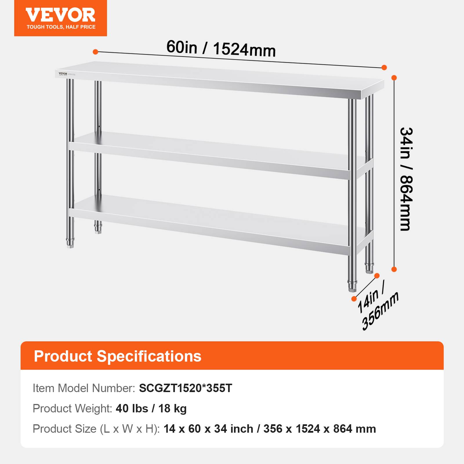 VEVOR Table préparation inox 14"x60"x34", 2 étagères réglables, cuisines commerciales, domestique. - Image 7
