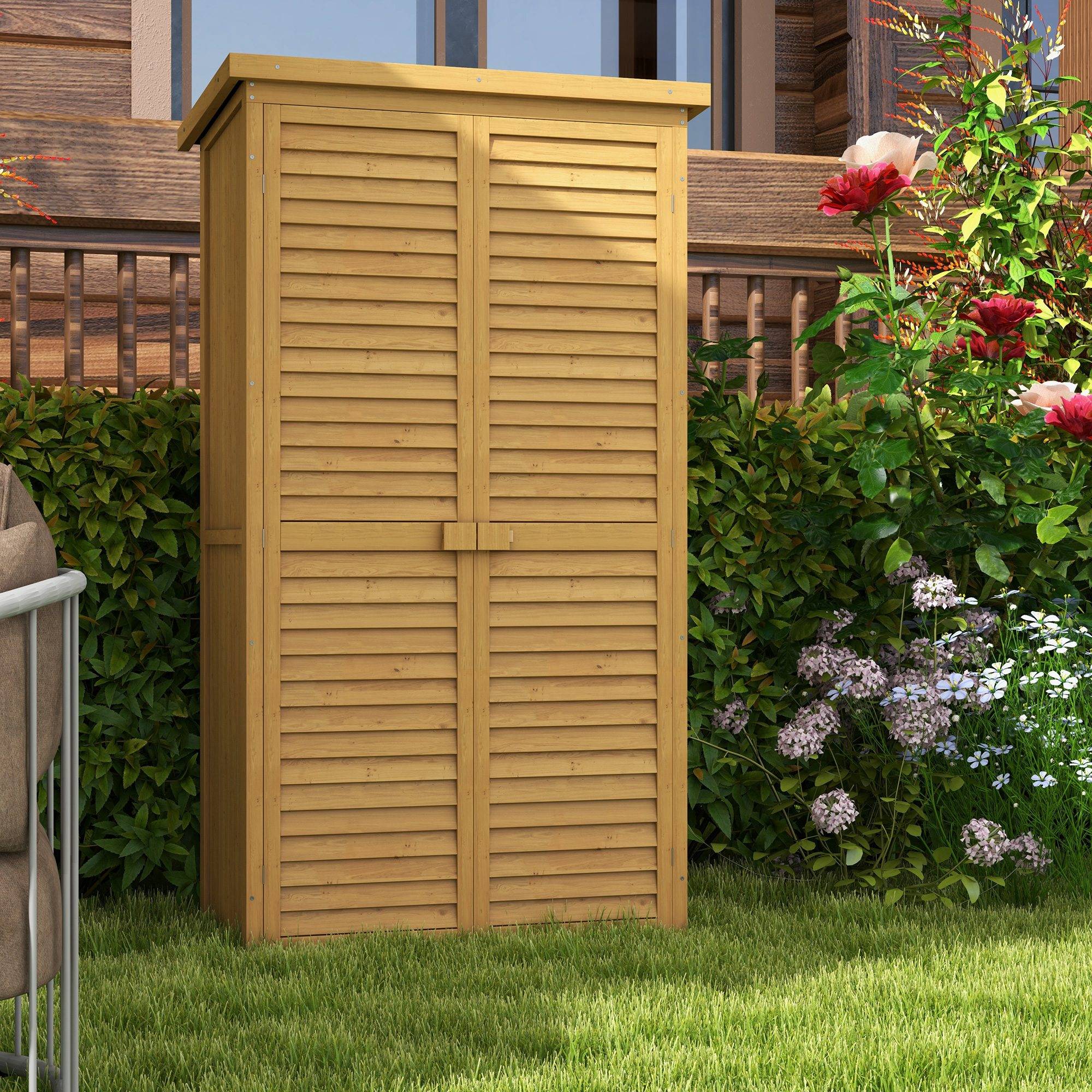 Abri de jardin avec portes à persiennes, 3 étagères, résistant aux intempéries, 87 cm x 46,5 cm x 160 cm, bois de sapin, marron - Image 4