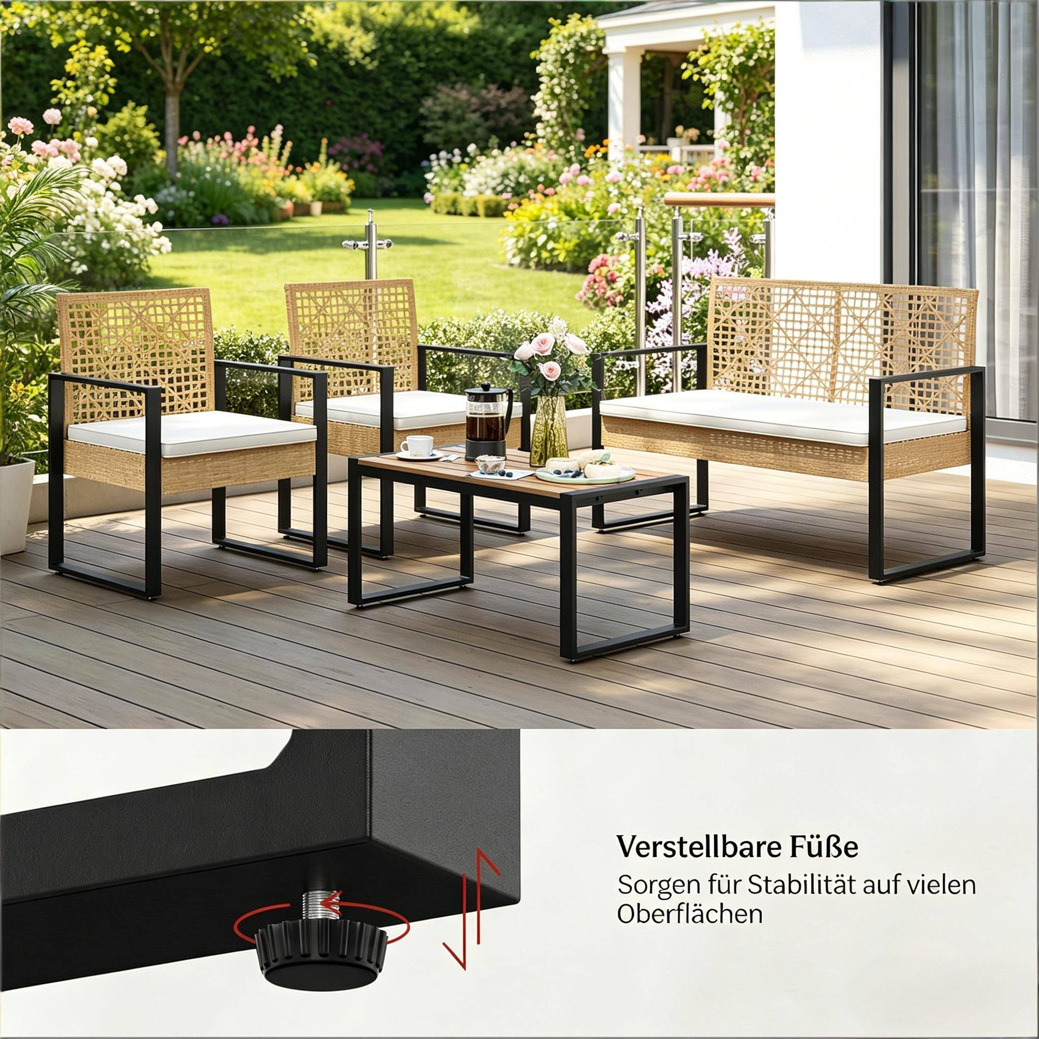 Salon de jardin 4 places résine tressée métal pour terrasse balcon bois naturel - ComfortXL Outdoor Living - Image 7