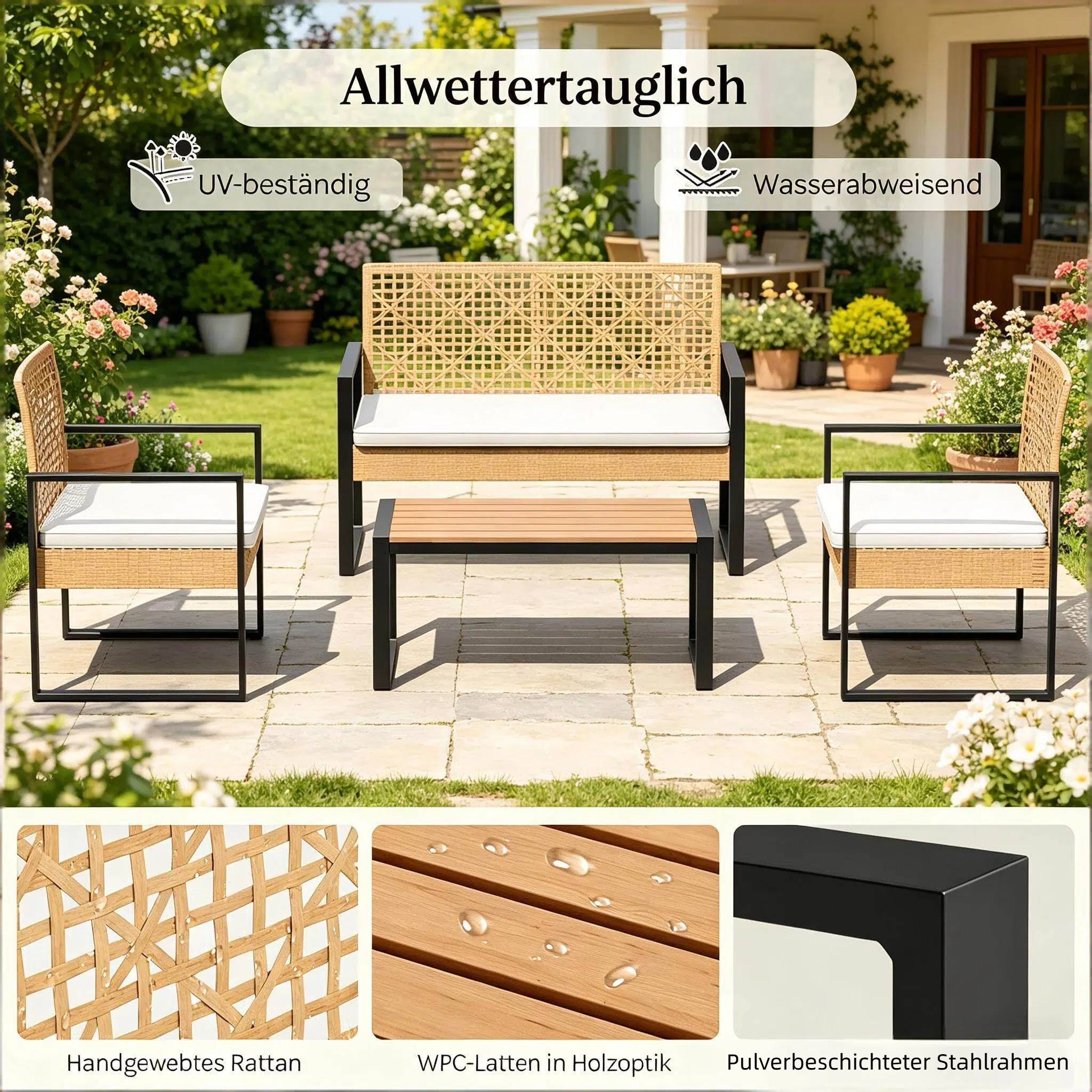 Salon de jardin 4 places résine tressée métal pour terrasse balcon bois naturel - ComfortXL Outdoor Living - Image 5