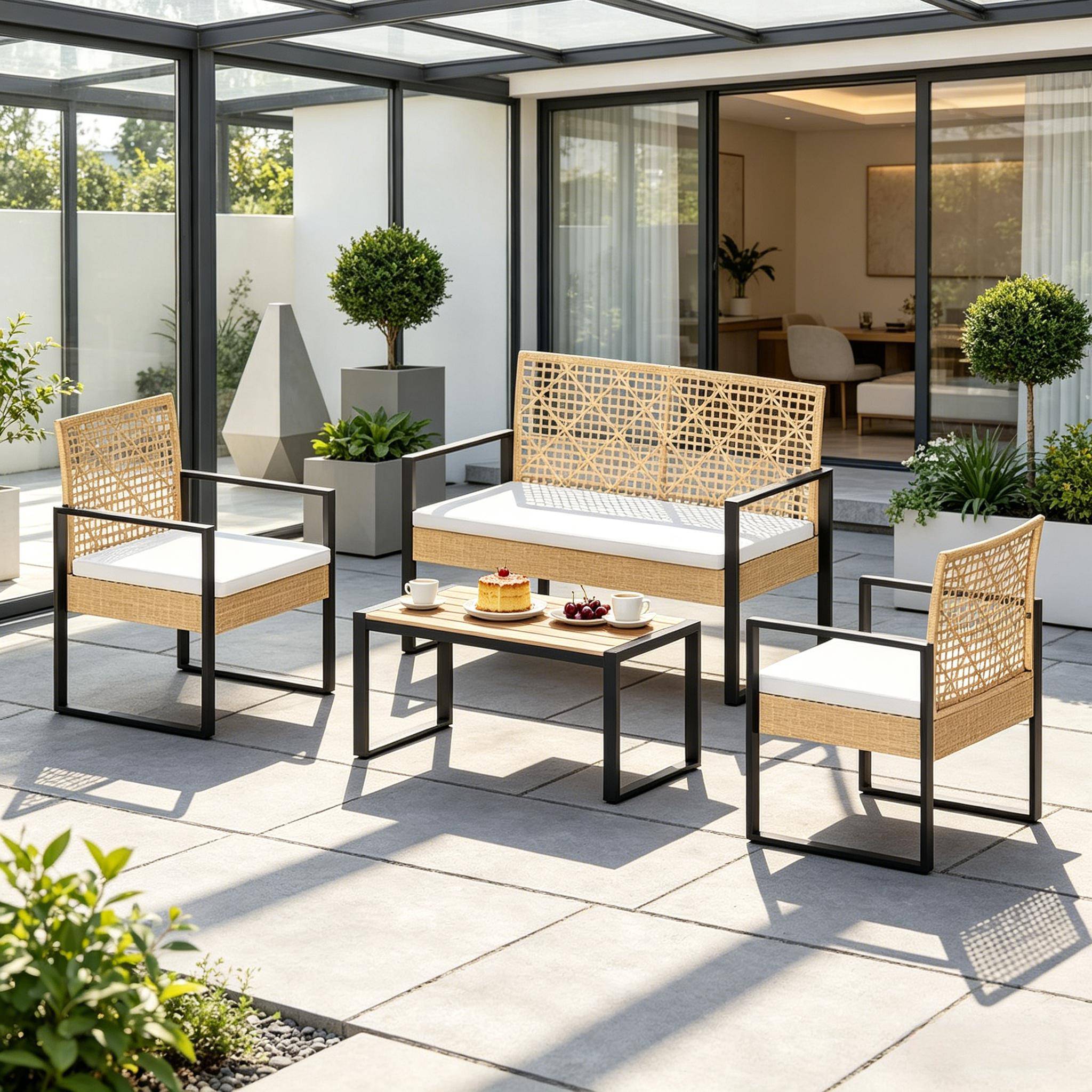 Salon de jardin 4 places résine tressée métal pour terrasse balcon bois naturel - ComfortXL Outdoor Living - Image 3