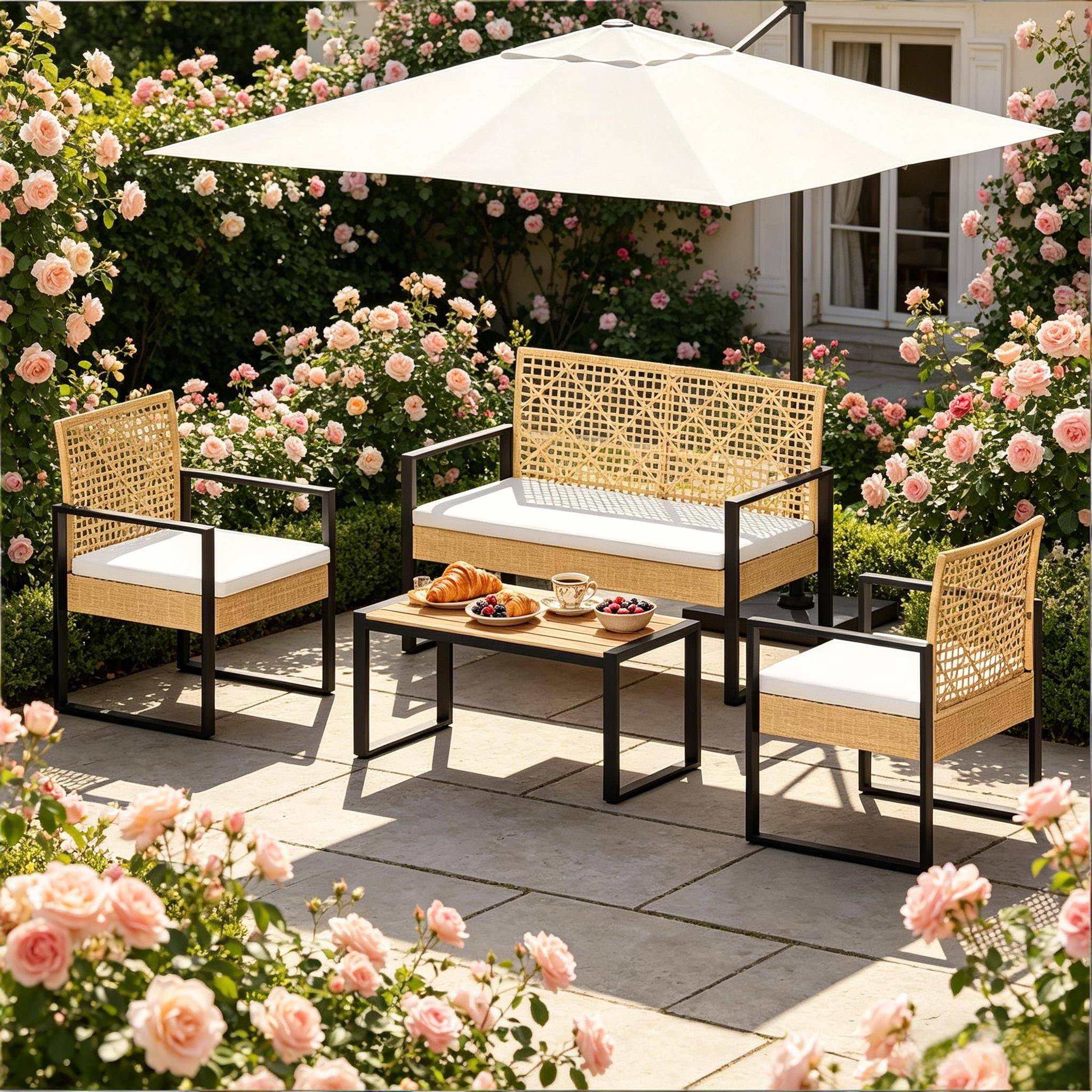 Salon de jardin 4 places résine tressée métal pour terrasse balcon bois naturel - ComfortXL Outdoor Living - Image 1