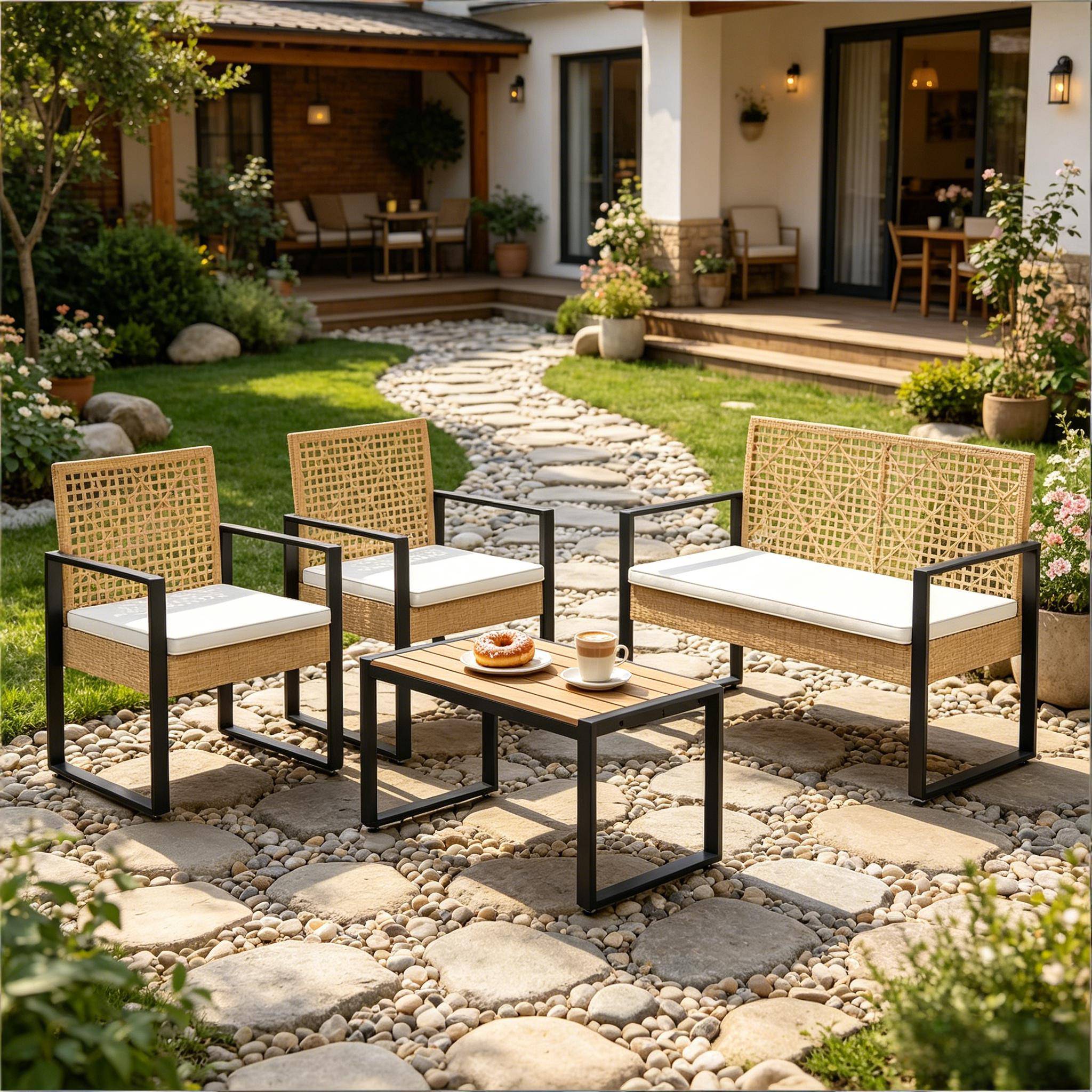 Salon de jardin 4 places résine tressée métal pour terrasse balcon bois naturel - ComfortXL Outdoor Living - Image 2