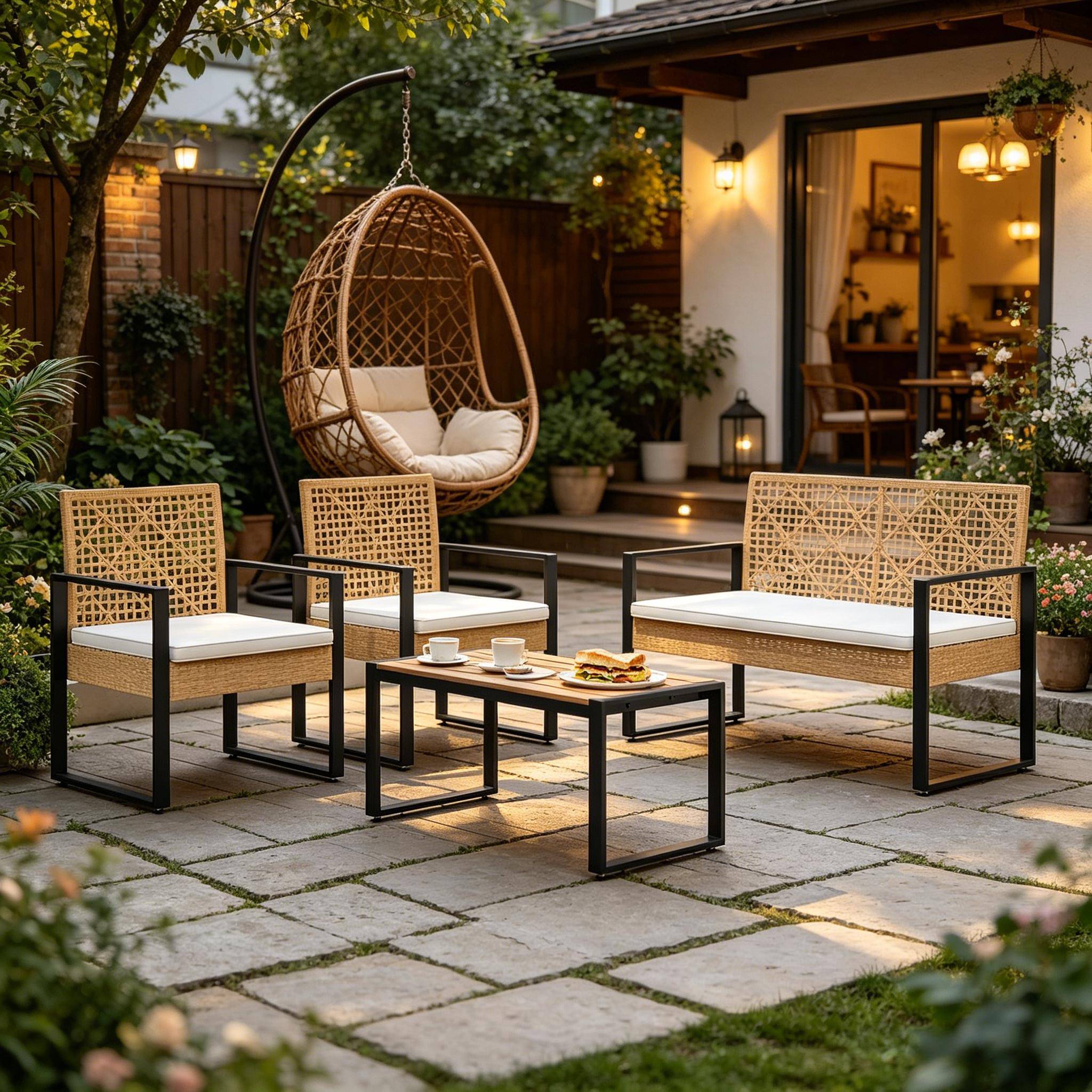 Salon de jardin 4 places résine tressée métal pour terrasse balcon bois naturel - ComfortXL Outdoor Living - Image 4