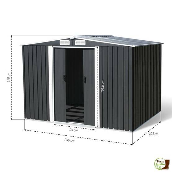 Abri de jardin acier galvanisé 4,77 m² gris anthracite avec double porte coulissante – Terre Jardin - Image 6