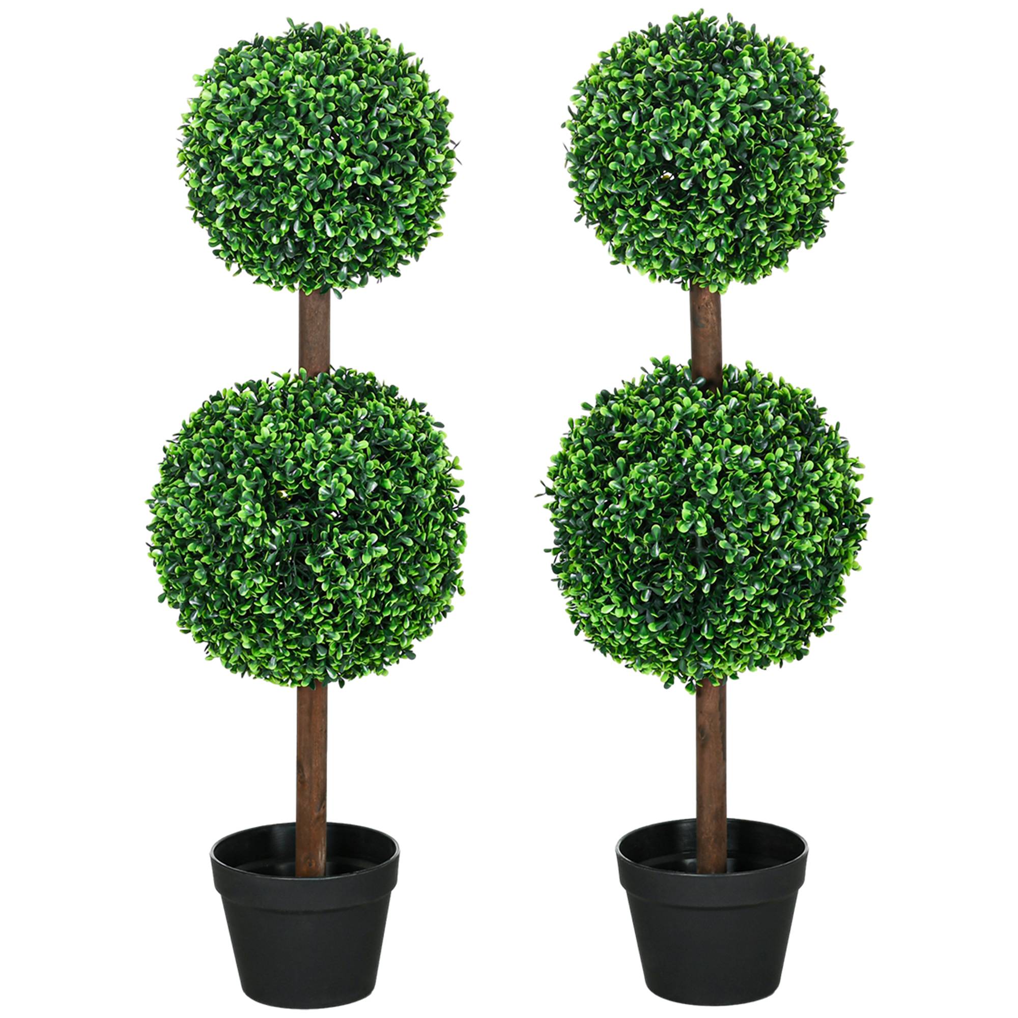 Lot de 2 arbres buis artificiel double boules avec tronc et pot inclus - hauteur 90 cm vert - Image 2