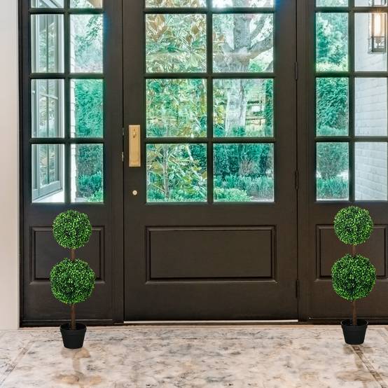 Lot de 2 arbres buis artificiel double boules avec tronc et pot inclus - hauteur 90 cm vert - Image 4