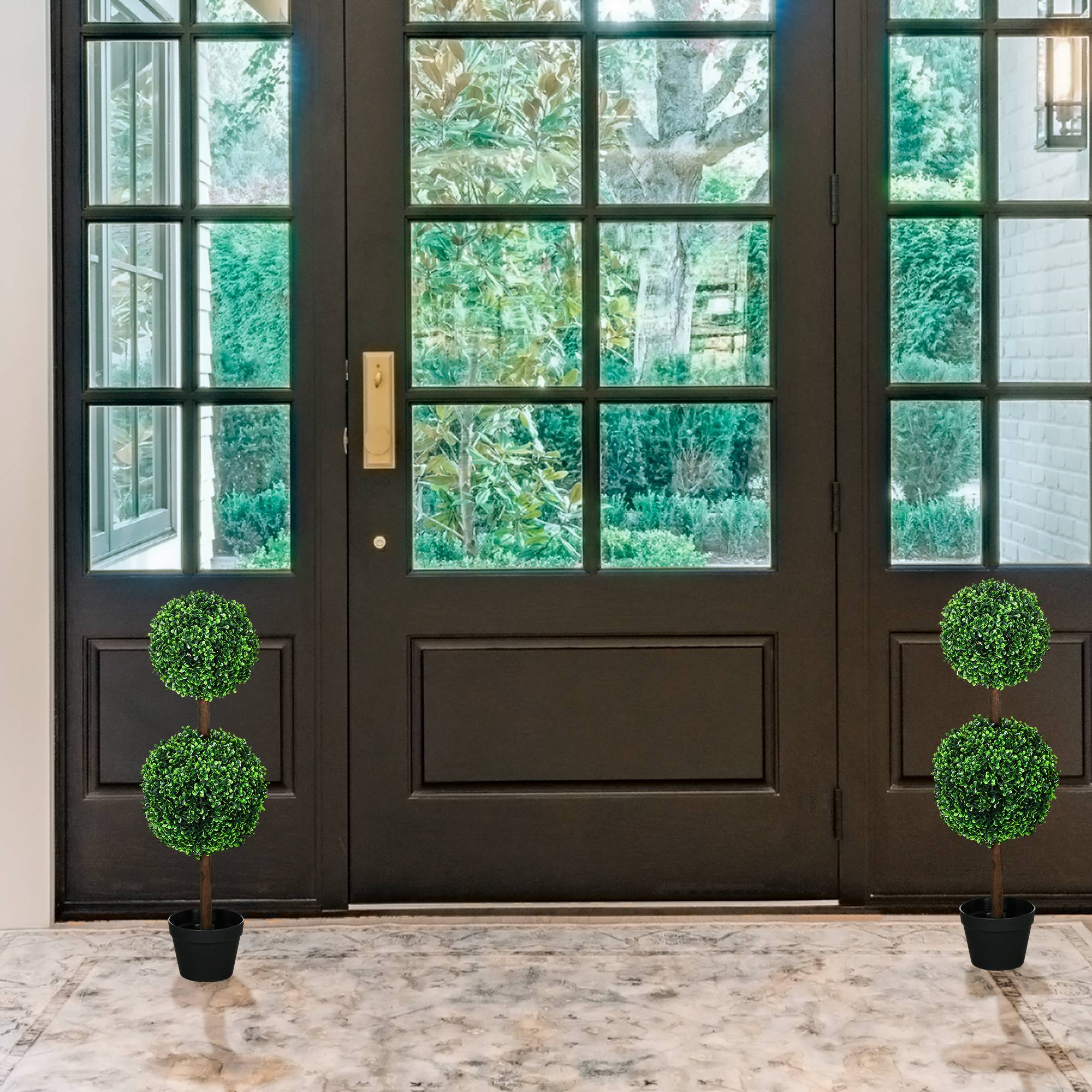Lot de 2 arbres buis artificiel double boules avec tronc et pot inclus - hauteur 90 cm vert - Image 4