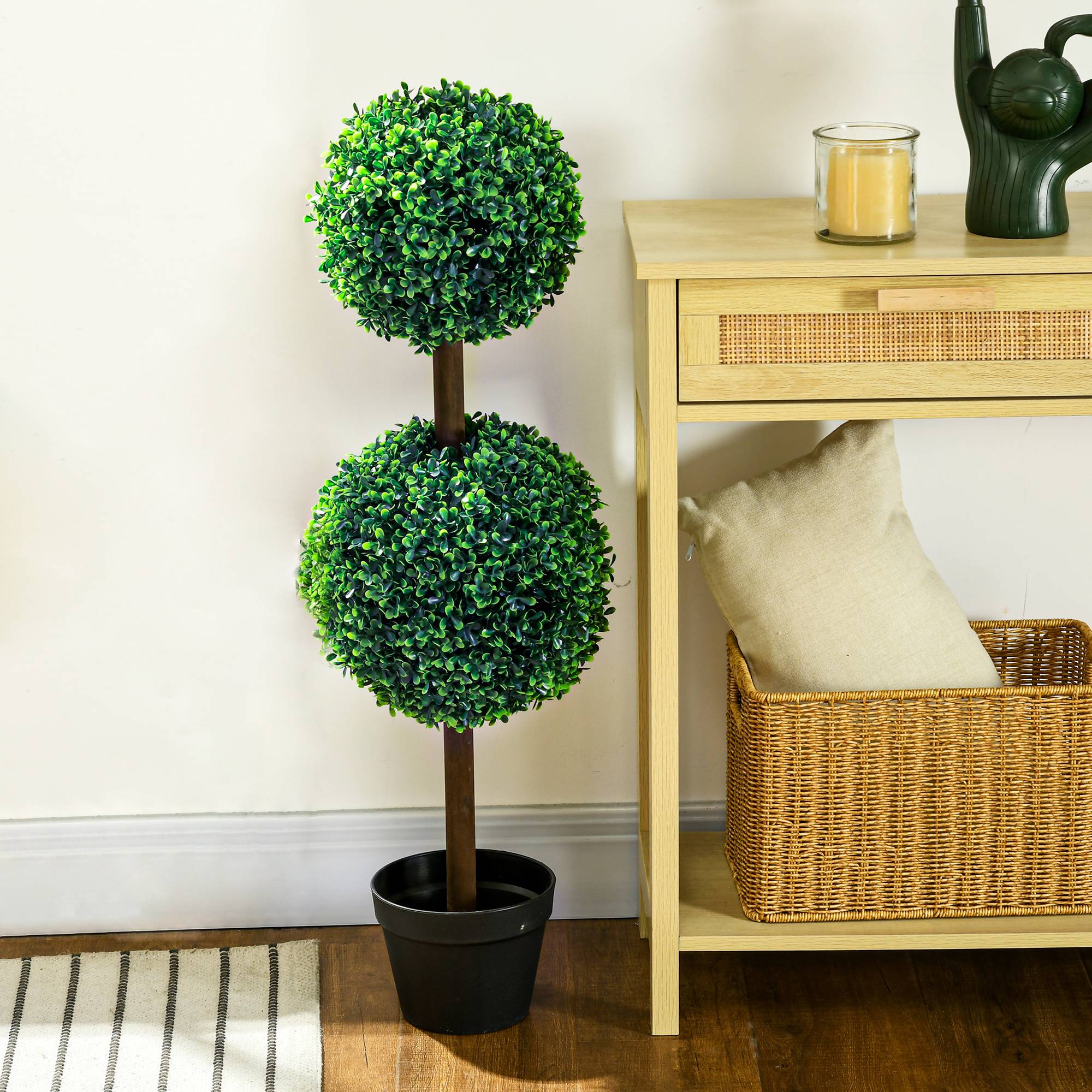 Lot de 2 arbres buis artificiel double boules avec tronc et pot inclus - hauteur 90 cm vert - Image 3