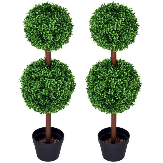 Lot de 2 arbres buis artificiel double boules avec tronc et pot inclus - hauteur 90 cm vert - Image 1