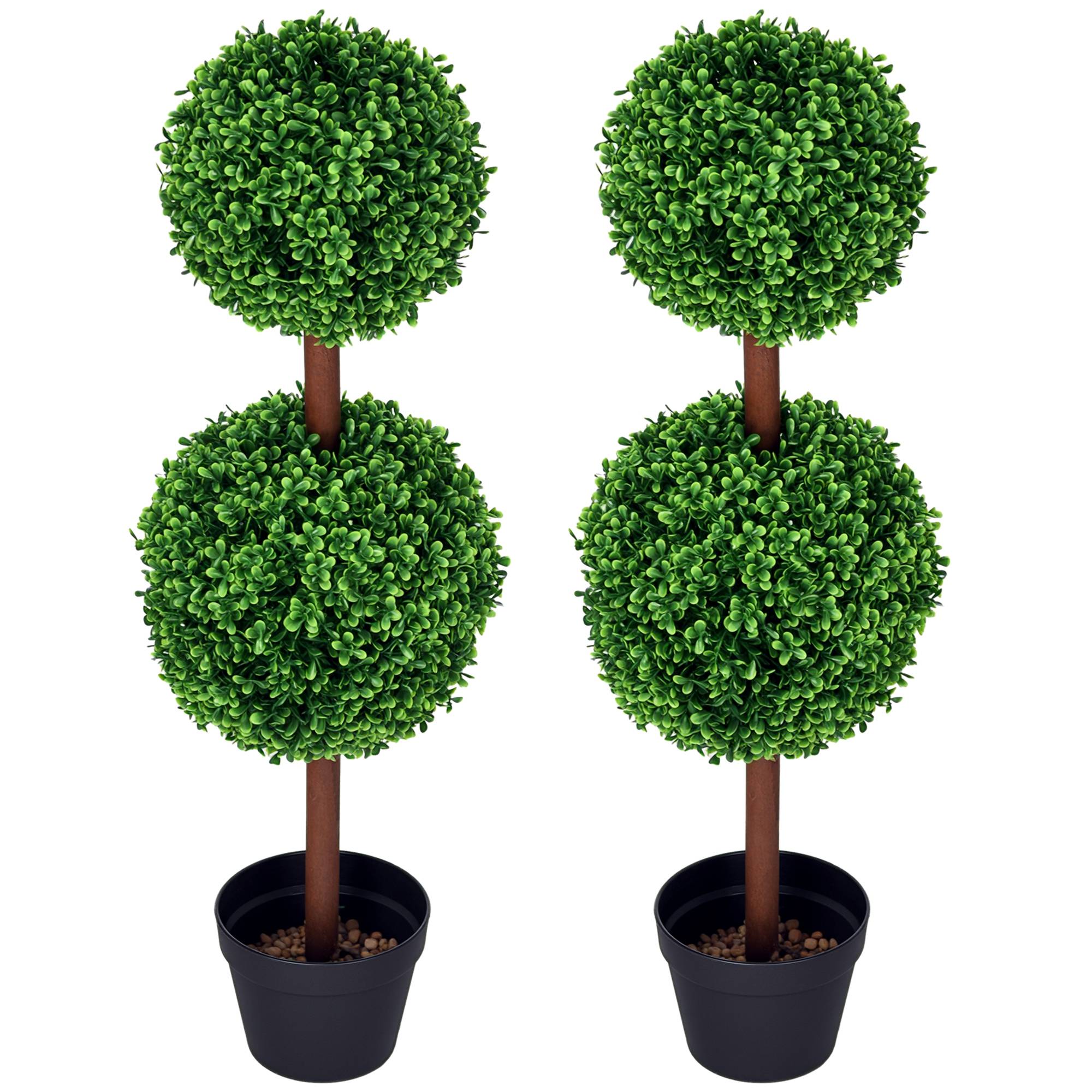 Lot de 2 arbres buis artificiel double boules avec tronc et pot inclus - hauteur 90 cm vert - Image 1