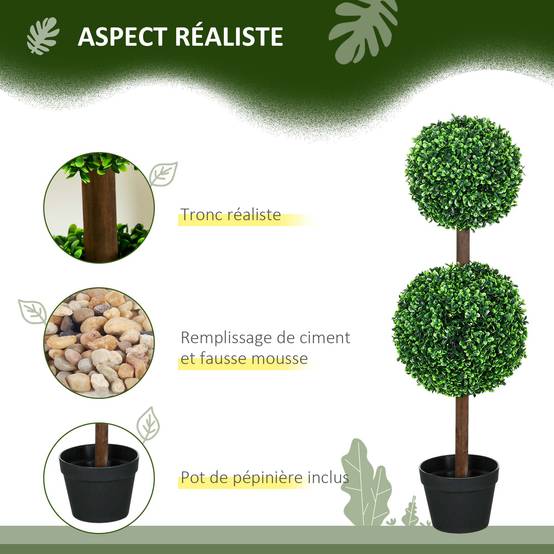 Lot de 2 arbres buis artificiel double boules avec tronc et pot inclus - hauteur 90 cm vert - Image 6