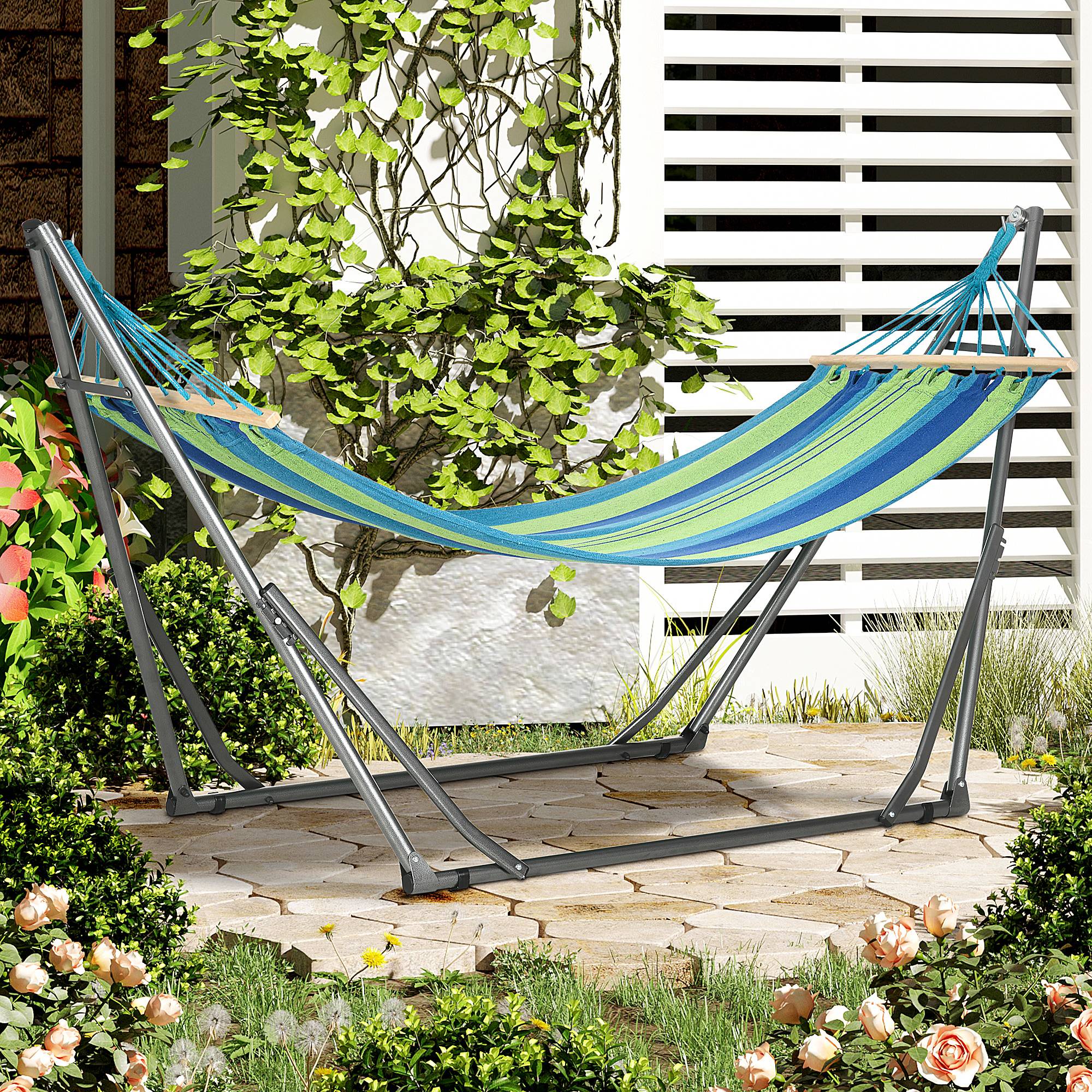 Support hamac autoportant pliant coton et acier, 270x100x94cm - Image 4