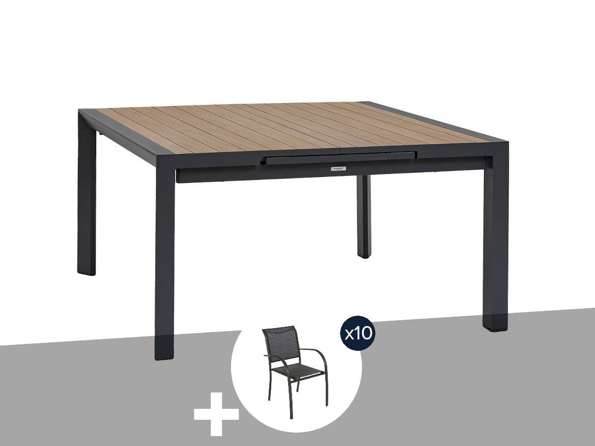 Hesperide - Table de jardin carrée extensible alu Evasion 8/10 places + 10 fauteuils Piazza - Hespéride - Image 1
