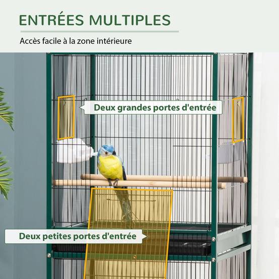 Grande Cage à Oiseaux sur pied double avec mangeoires perchoirs plateau amovible roulettes - Dim. 51,5L x 50l x 140H cm - Image 7