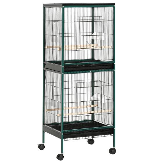 Grande Cage à Oiseaux sur pied double avec mangeoires perchoirs plateau amovible roulettes - Dim. 51,5L x 50l x 140H cm - Image 1