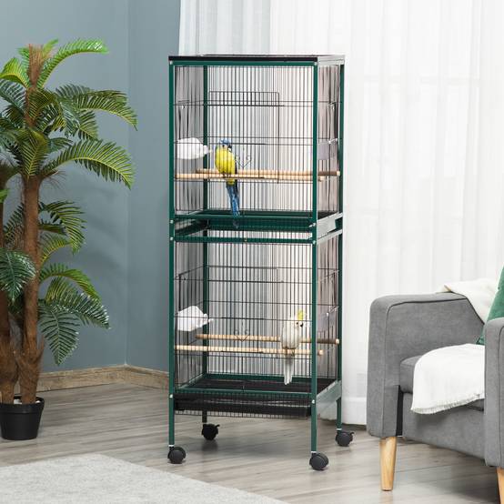 Grande Cage à Oiseaux sur pied double avec mangeoires perchoirs plateau amovible roulettes - Dim. 51,5L x 50l x 140H cm - Image 3