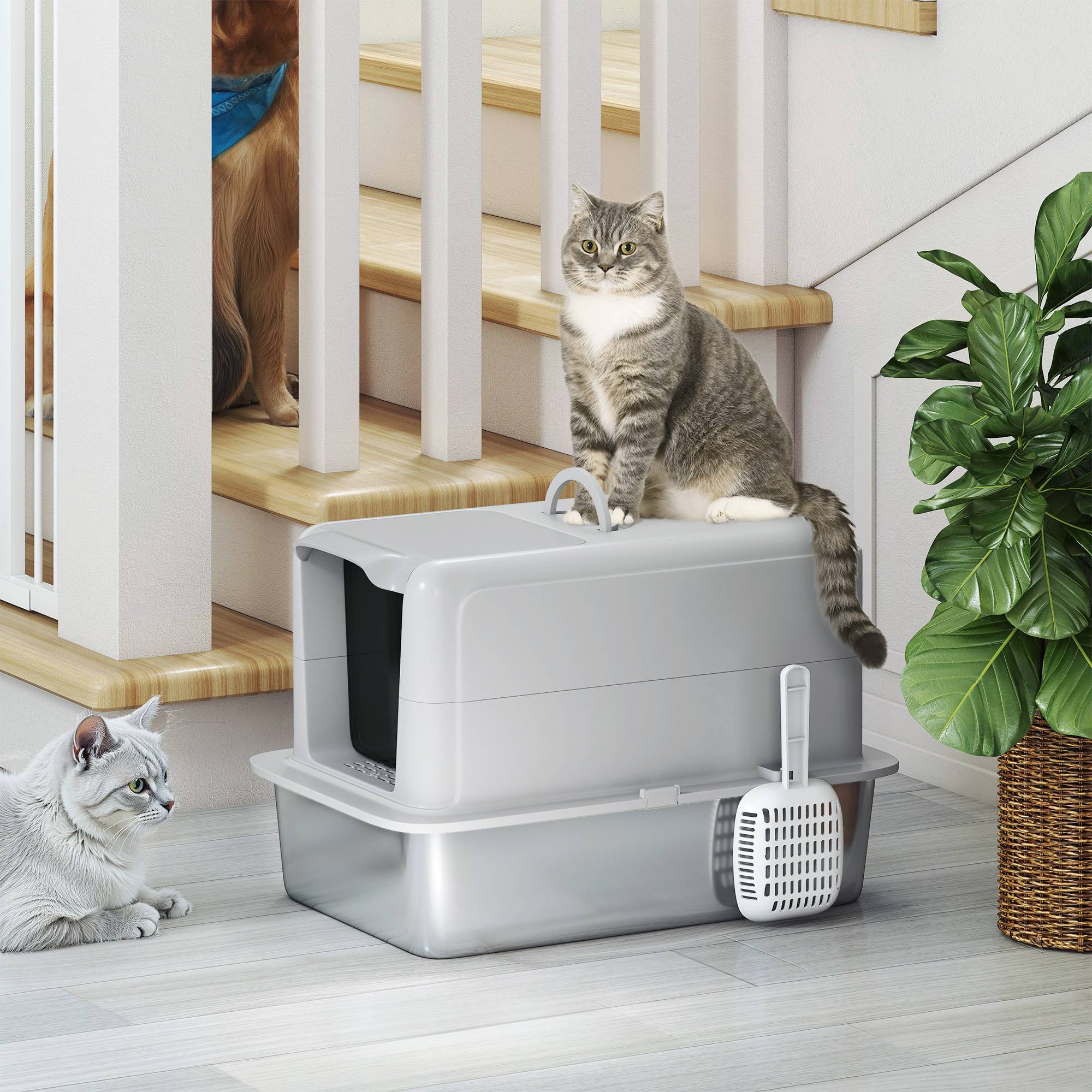 Maison de toilette Acier Inoxydable chats Hygiène anti-odeur 40x60x41cm Gris - ComfortXL Outdoor Living - Image 10