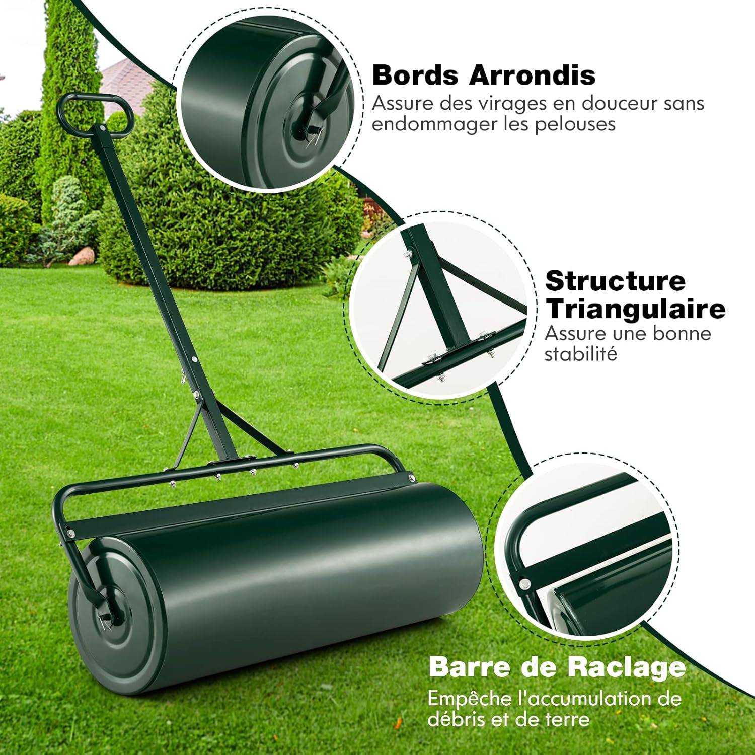 Rouleau à Gazon de Jardin en Métal avec Poignée Détachable, Rempli d'eau/Sable 63L- Ø 30 CM (Vert) - Image 3