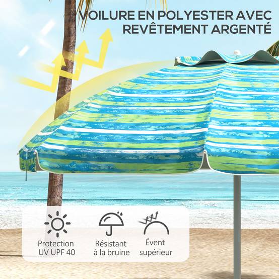 Parasol de plage inclinable rond Ø 190 cm - table avec porte-gobelet - 190x190x215cm bleu fr288 - Image 6