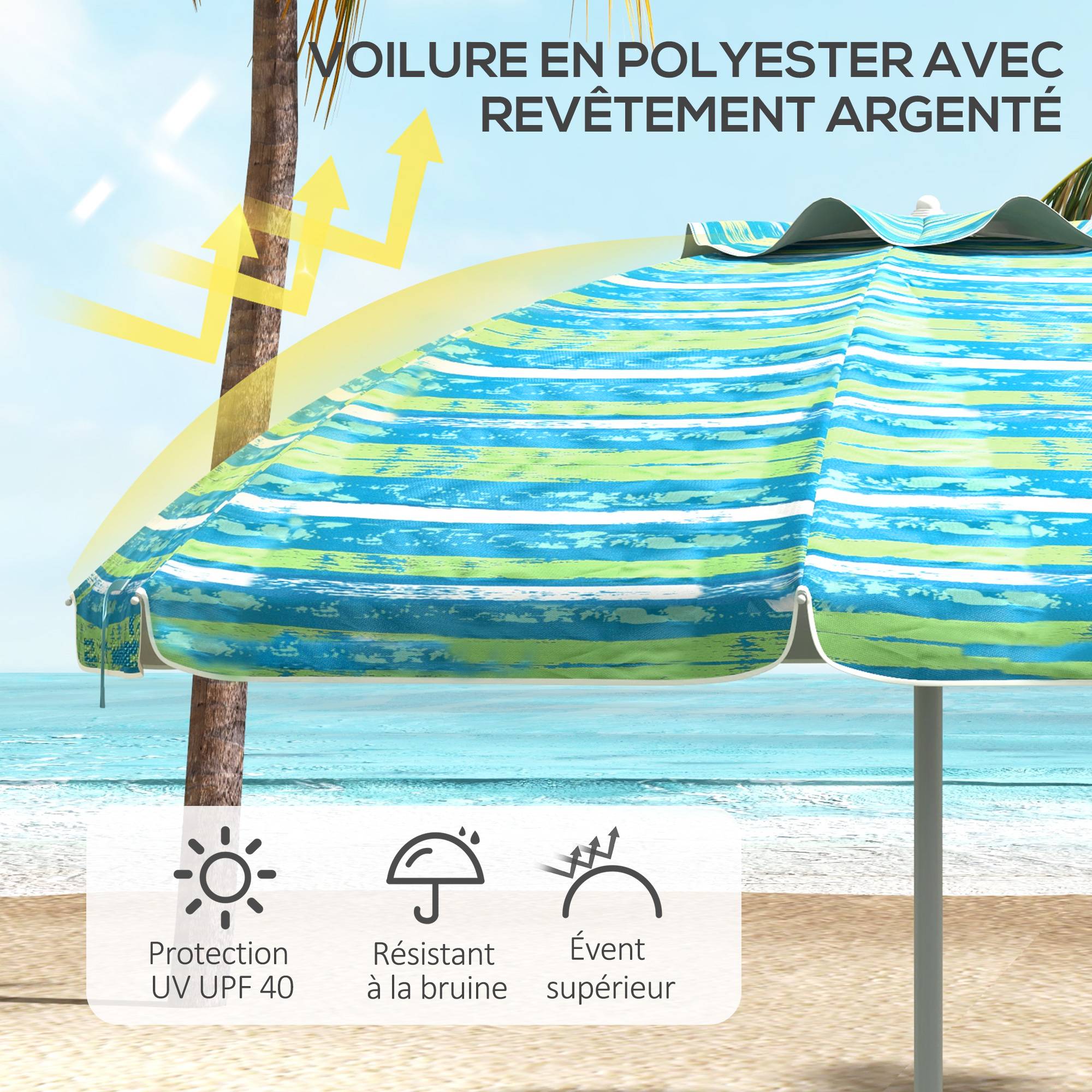 Parasol de plage inclinable rond Ø 190 cm - table avec porte-gobelet - 190x190x215cm bleu fr288 - Image 6