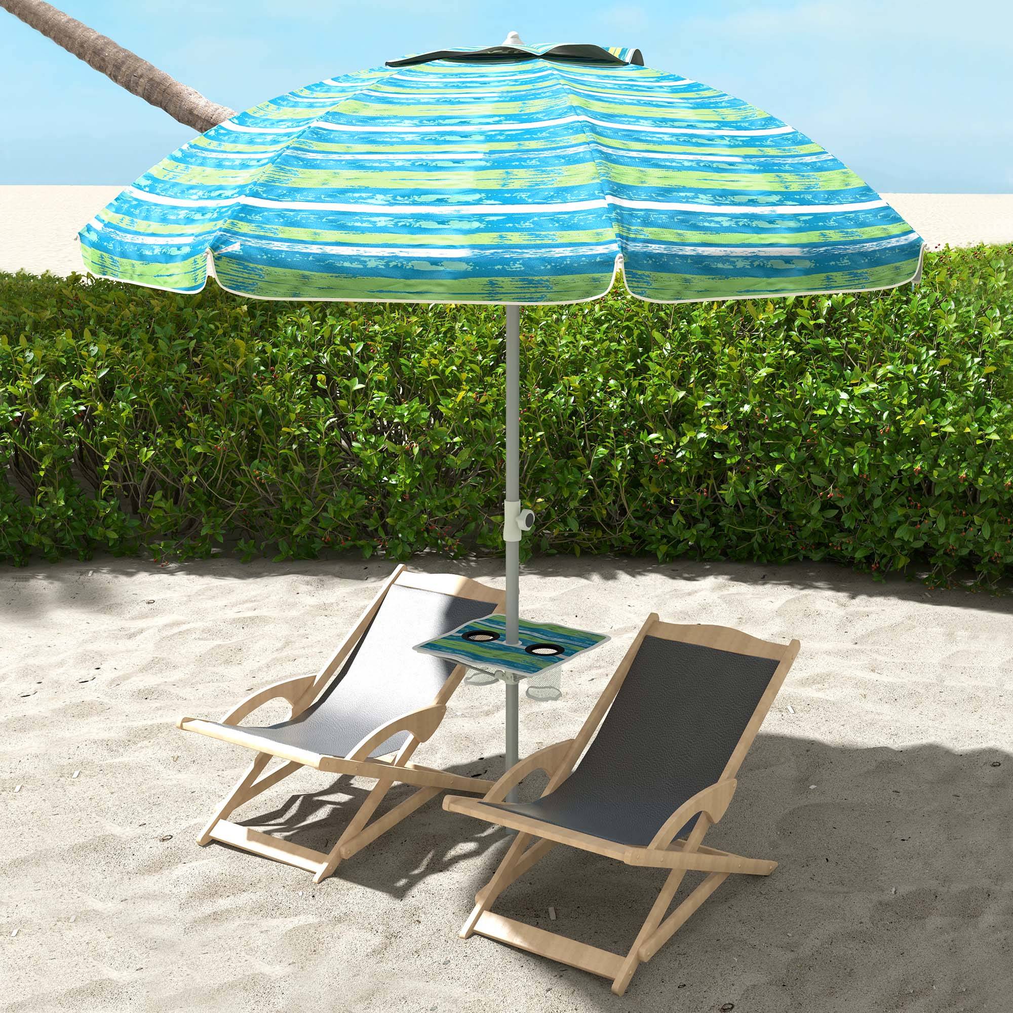 Parasol de plage inclinable rond Ø 190 cm - table avec porte-gobelet - 190x190x215cm bleu fr288 - Image 3
