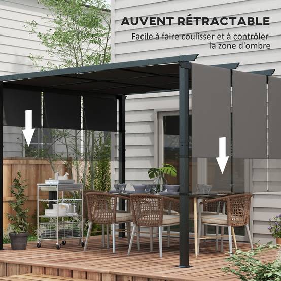 Pergola toiles coulissantes acier terrasse ombrage modulable 357x296cm gris foncé - ComfortXL Outdoor Living - Image 6