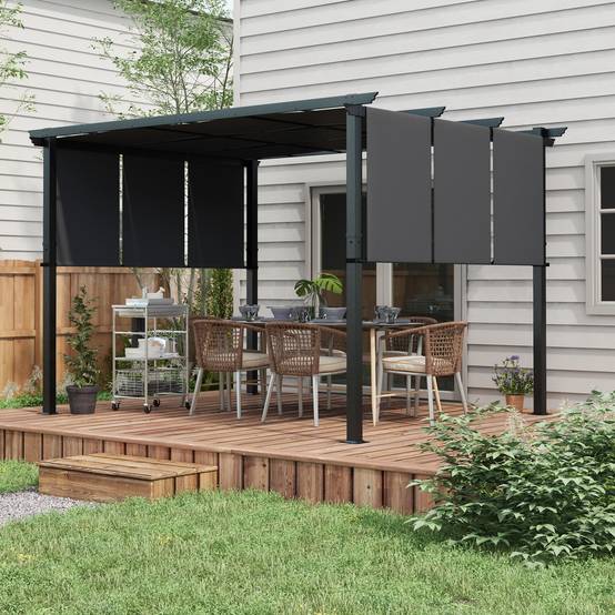 Pergola toiles coulissantes acier terrasse ombrage modulable 357x296cm gris foncé - ComfortXL Outdoor Living - Image 3