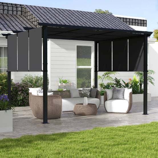 Pergola toiles coulissantes acier terrasse ombrage modulable 357x296cm gris foncé - ComfortXL Outdoor Living - Image 4