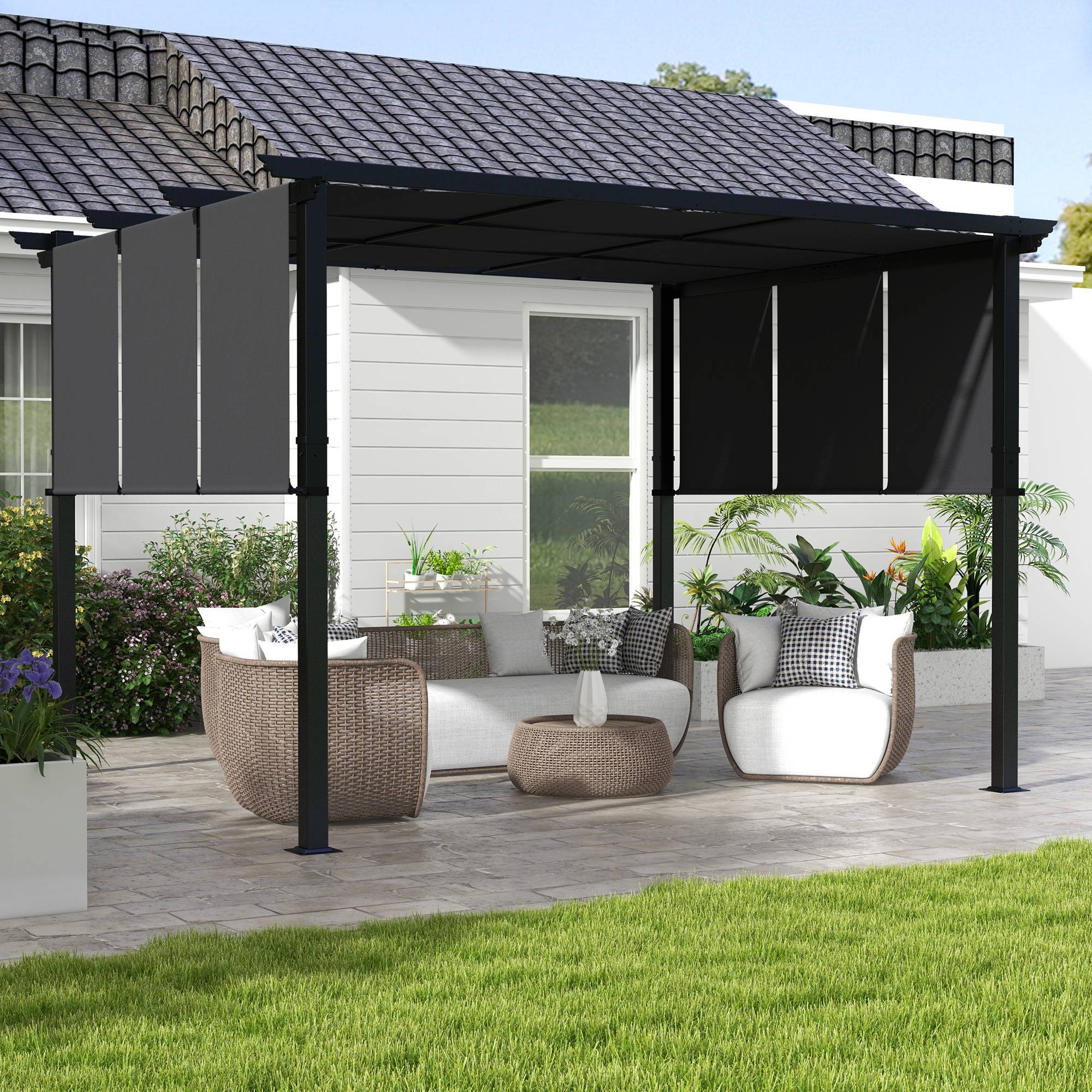 Pergola toiles coulissantes acier terrasse ombrage modulable 357x296cm gris foncé - ComfortXL Outdoor Living - Image 4