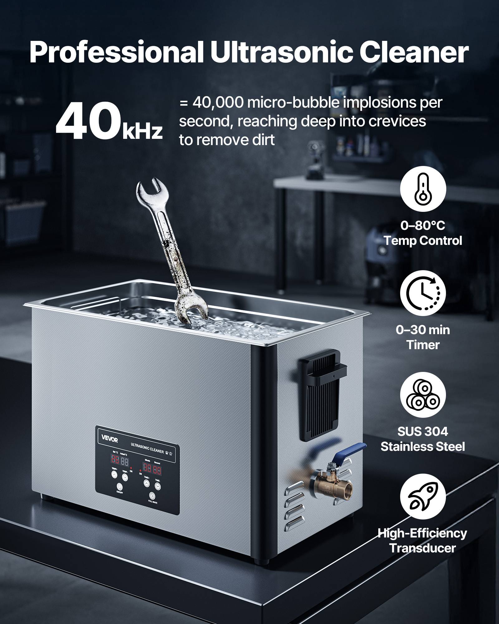 Vevor - VEVOR Nettoyeur à ultrasons 30 L, 480 W ultrasonique 40 kHz, réservoir inox, panier et affichage digital. - Image 2
