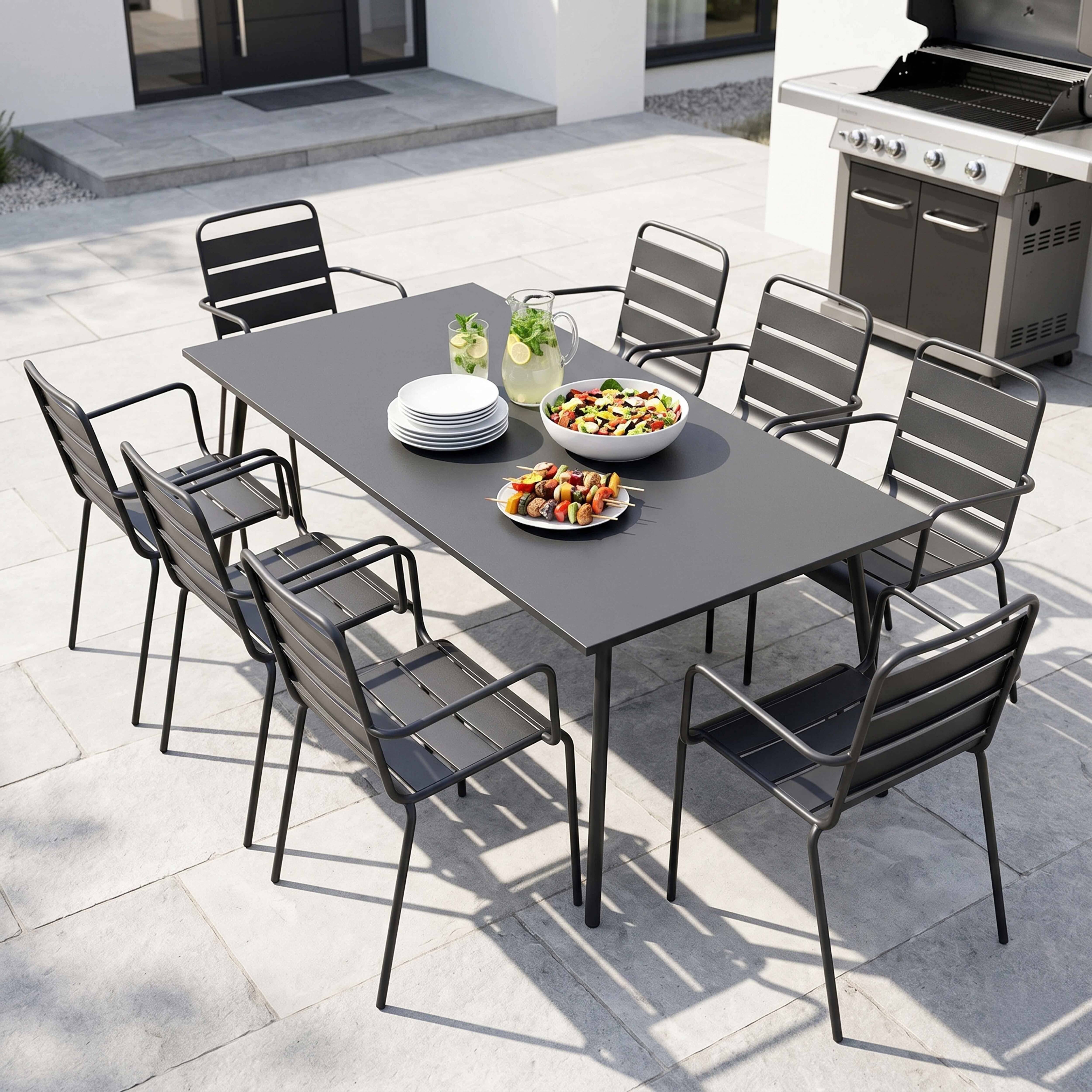 Oviala - Ensemble table de Jardin et 8 fauteuils en métal gris Palavas - Oviala - Imagen 2