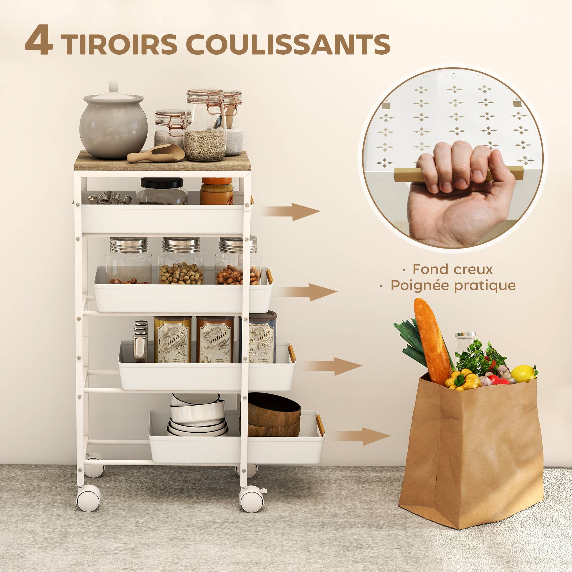 Desserte cuisine, chariot de rangement à roulettes 5 niveaux avec 4 tiroirs coulissants, étagère de rangement, blanc - Image 5