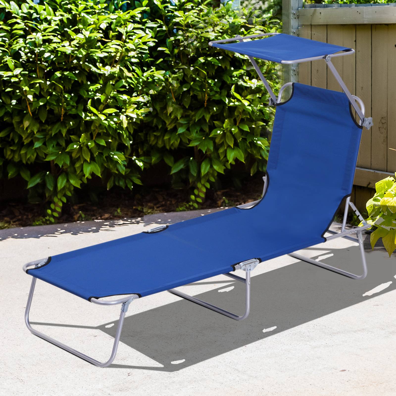Transat avec pare-soleil, pliable, dossier réglable, structure en métal, 187 x 58 x 36 cm, bleu - Image 3