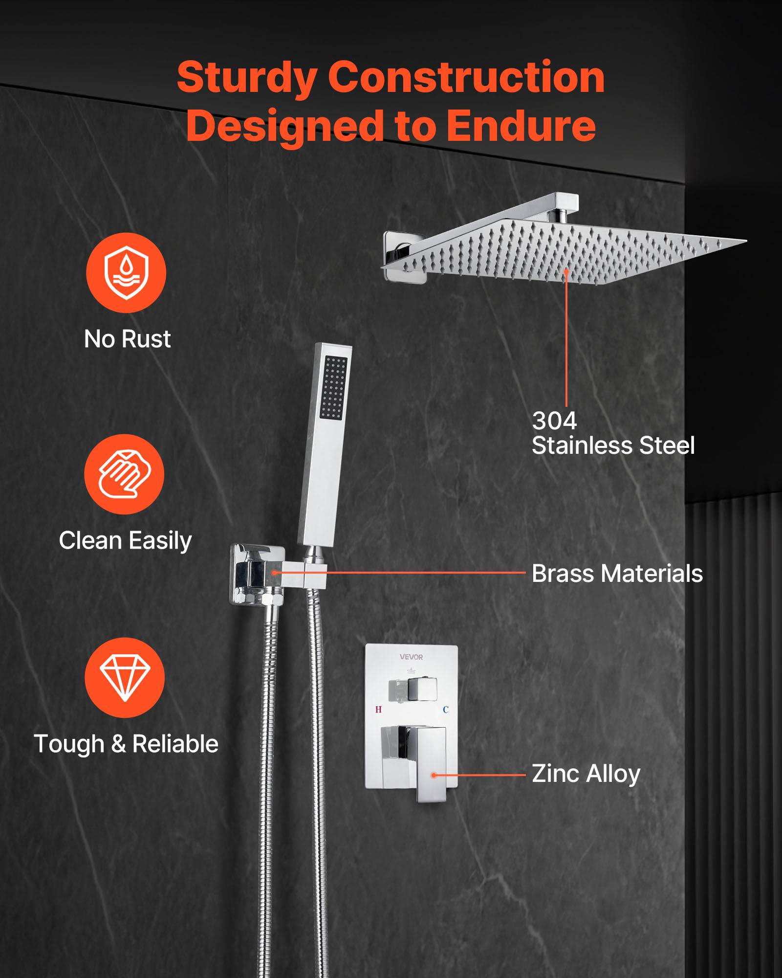 VEVOR Kit de Douche avec Douchette de Tête Carrée 30,5cm et à Main Argent Chromé - Image 6
