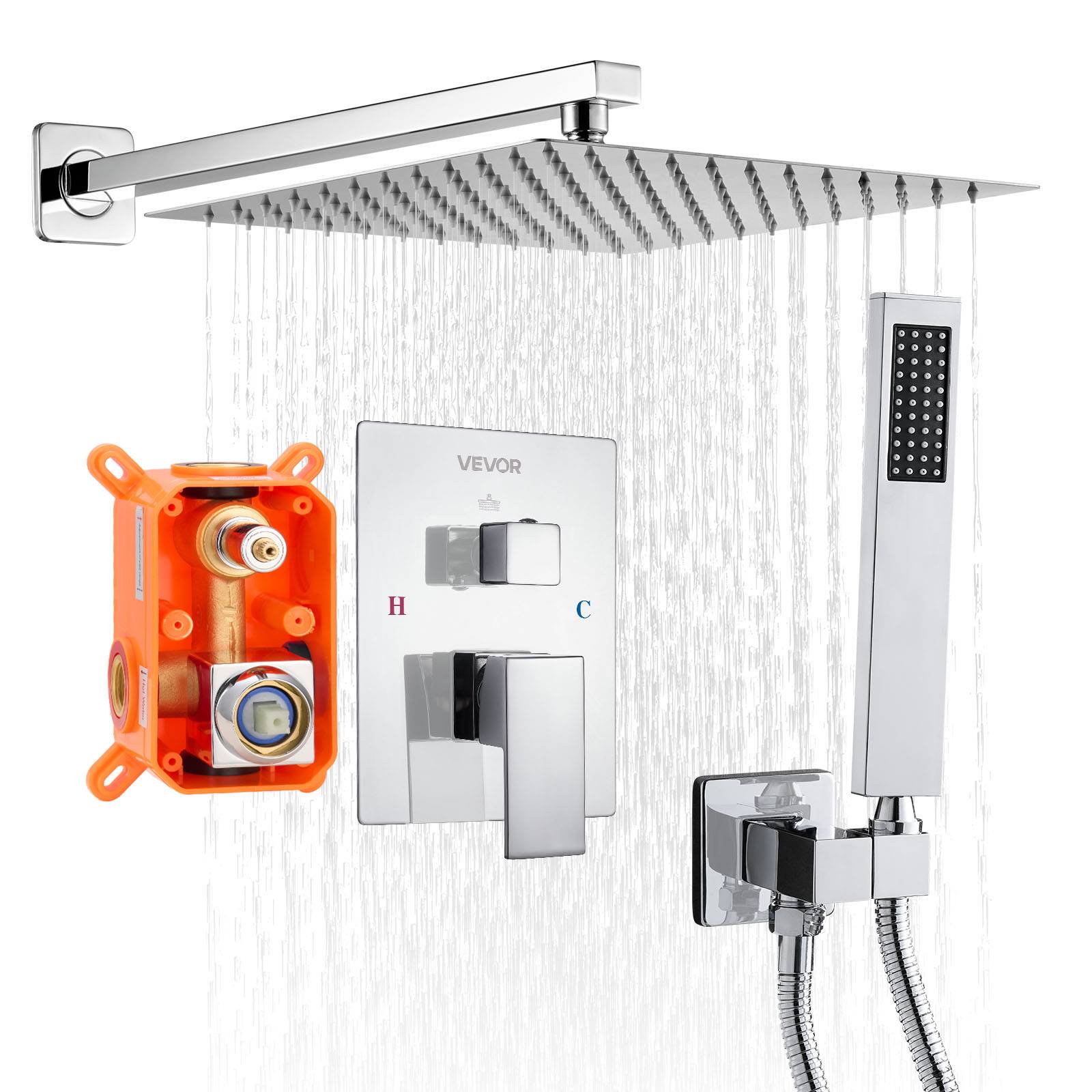 VEVOR Kit de Douche avec Douchette de Tête Carrée 30,5cm et à Main Argent Chromé - Image 1